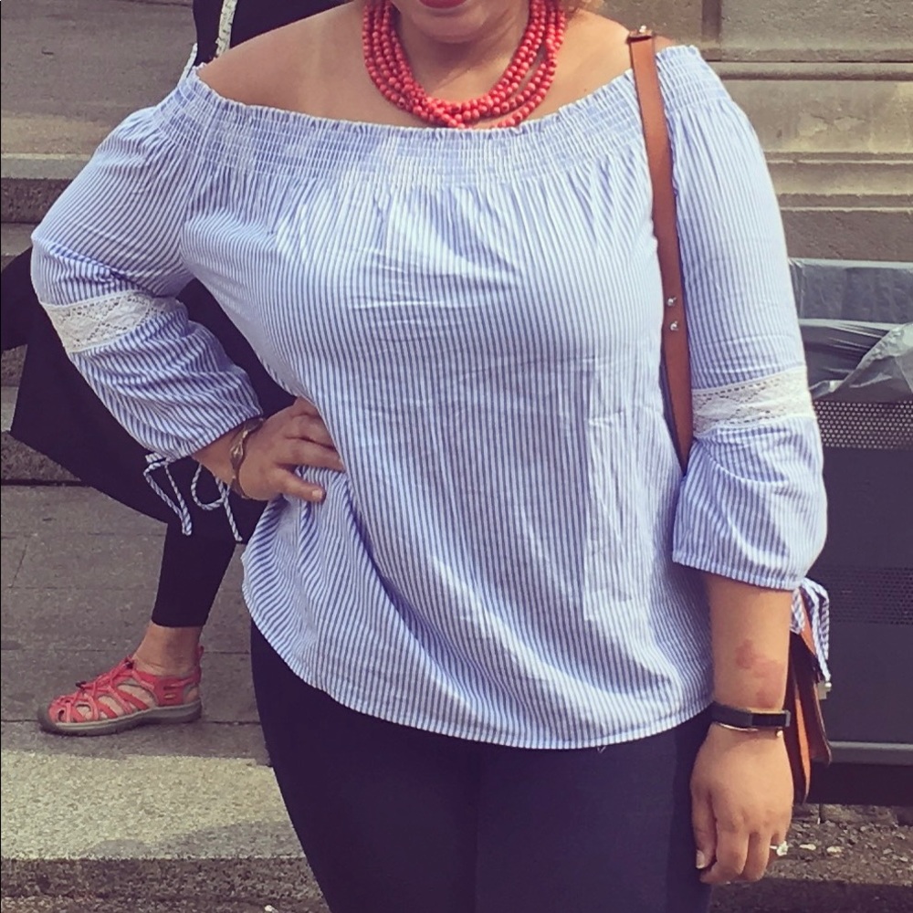 Who What Wear blue and white off the shoulder top